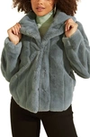 Guess New Sophy Faux Fur Jacket In Dusty Teal