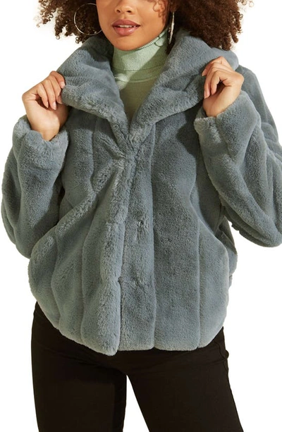 Guess New Sophy Faux Fur Jacket In Dusty Teal