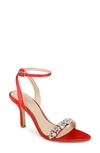 Jewel Badgley Mischka Ojai Crystal Ankle Strap Sandal In Red Satin