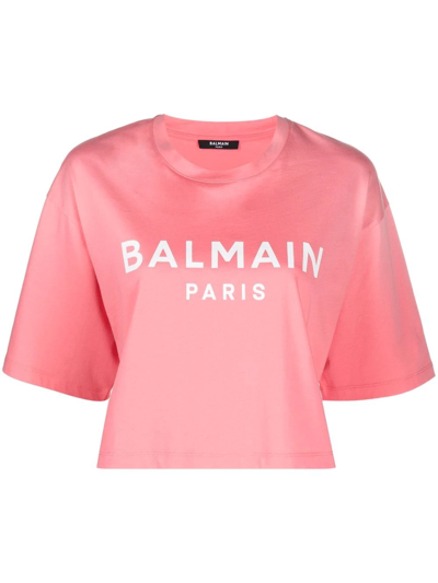 Balmain Logo棉质短款t恤 In Pink