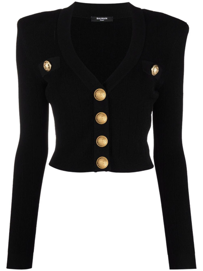 Balmain V-neck Ribbed-knit Cardigan In Black