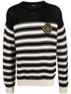 Balmain Striped Knit Wool Blend Sweater W/ Badge In Schwarz