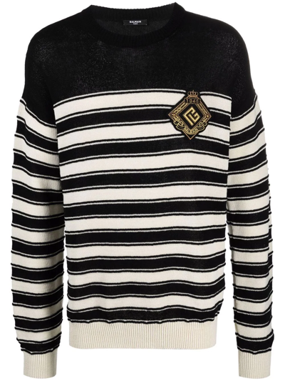 Balmain Striped Knit Wool Blend Sweater W/ Badge In Multicolor
