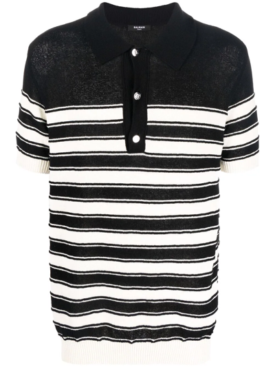 Balmain Intarsia-logo Striped Polo Shirt In Black