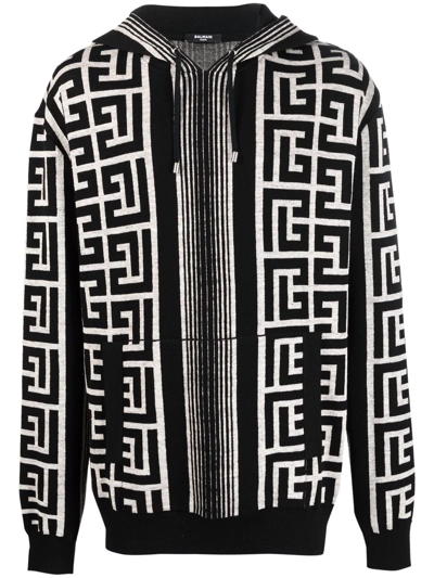 Balmain Merinos Wool Hoodie With Monogram Print In Black