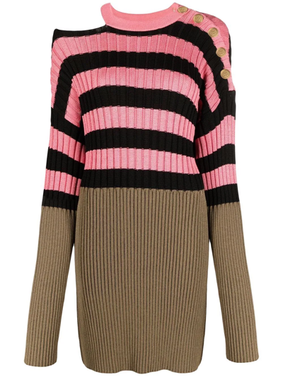 Balmain Striped Colour-block Ribbed-knit Dress In Pink