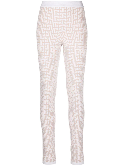 Balmain Monogram-pattern Knitted Leggings In Gbi Nude Argent