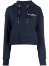 Balmain Cropped Navy Eco-design Cotton Sweatshirt In Saj Marine Blanc