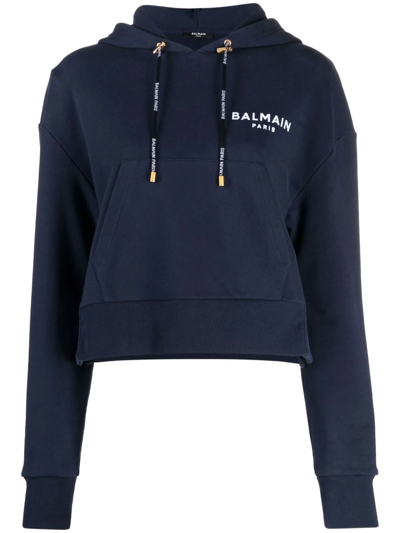 Balmain Cropped Navy Eco-design Cotton Sweatshirt In Blue