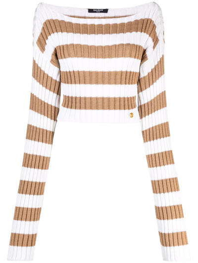 Balmain Cropped Off-shoulder Striped Knit Top In Brown