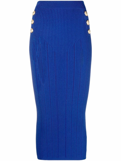 Balmain 6-button Ribbed Midi Skirt In Blue