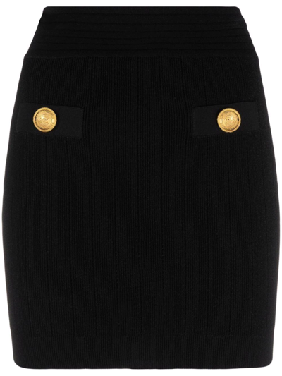 Balmain Knit Mini Skirt With Golden Buttons In Black