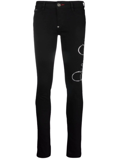 Philipp Plein Logo-embellished High-waisted Skinny Jeans In Schwarz