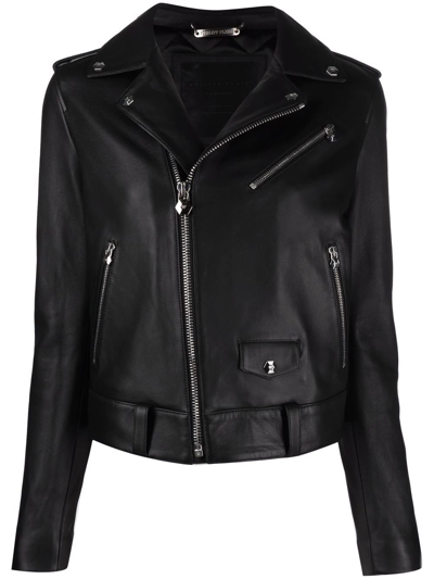 Philipp Plein Leather Biker Jacket In Schwarz