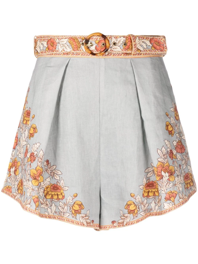 Zimmermann Andie Belted Pleated Floral-print Linen Shorts In Blue,orange