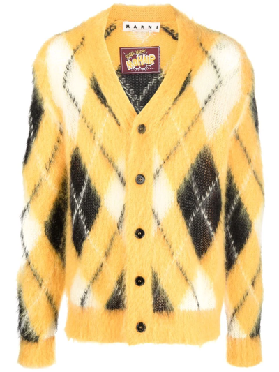 Marni Argyle-intarsia Mohair-blend Cardigan In Yellow