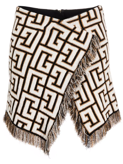 Balmain Wrap-effect Fringed Jacquard-knit Mini Skirt In Beige