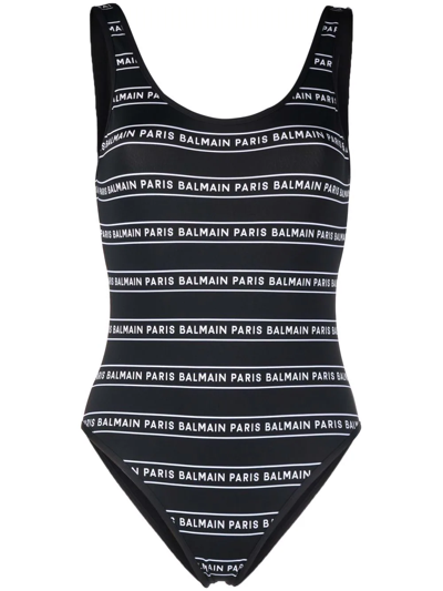 Balmain Logo-tape Striped Swimsuit In Black