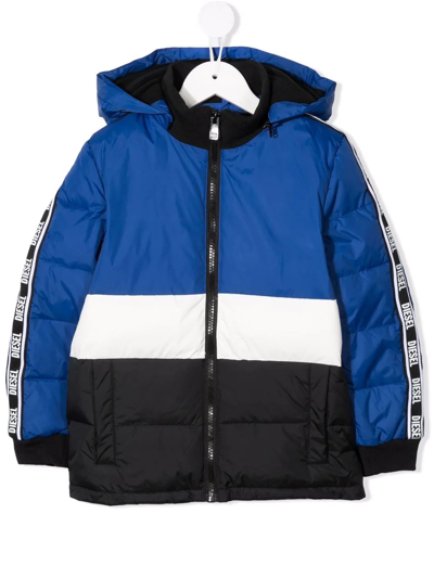 Diesel Kids' Colour-block Hooded Puffer Jacket In Blue