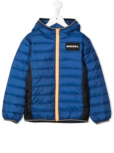 Diesel Teen Logo-patch Hooded Puffer Jacket In Blue