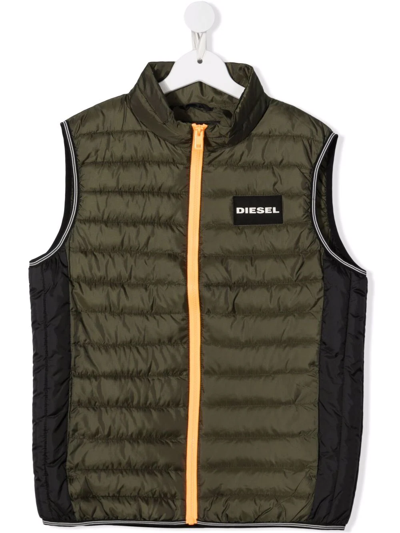 Diesel Kids' Logo-patch Sleeveless Padded Jacket In Green