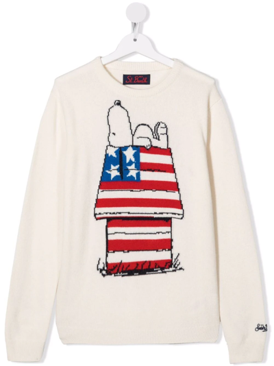 Mc2 Saint Barth Kids' Snoopy Flag Knit Jumper In White