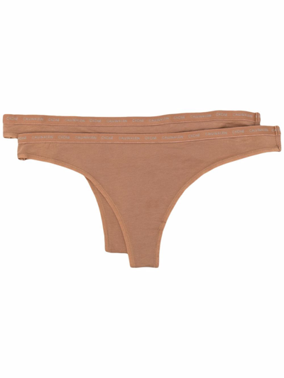 Calvin Klein Underwear Logo-waistband Cotton Thong In Neutrals