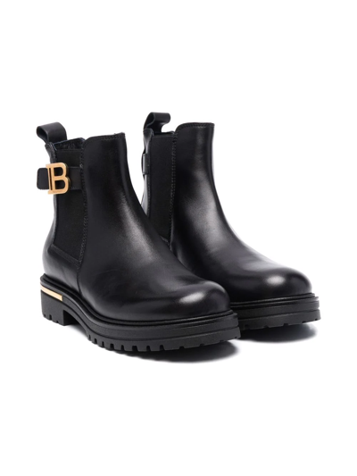 Balmain Kids' Logo-plaque Leather Chelsea Boots In Black