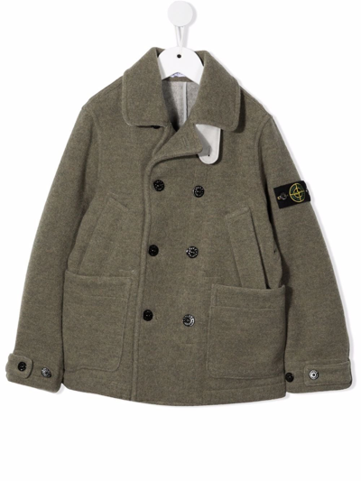 Stone Island Junior Kids' Double-breasted Logo Peacoat In Green
