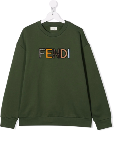 Fendi Kids' Embroidered Cotton Sweatshirt In Green