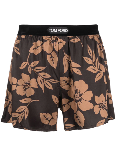Tom Ford Velvet-trimmed Floral-print Stretch-silk Satin Boxer Shorts In Multicolour