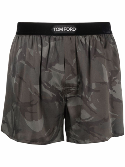 Tom Ford Velvet-trimmed Camouflage-print Stretch-silk Satin Boxer Shorts In Green