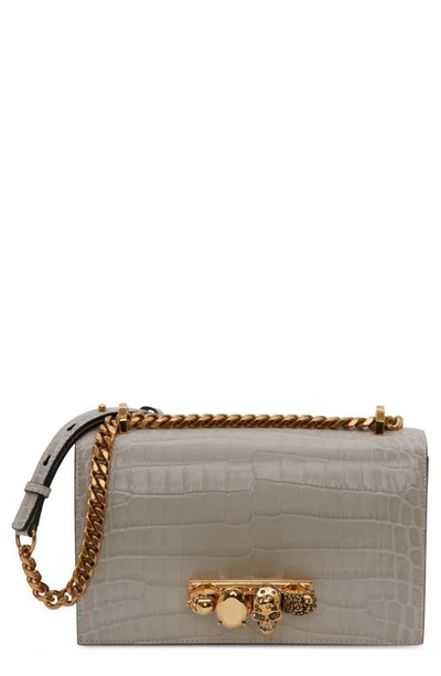 Alexander Mcqueen Jewelled Knuckle Croc Embossed Leather Crossbody Bag In Faded Grey