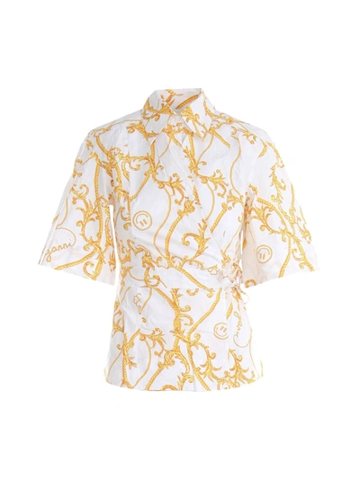 Ganni Printed Shirt In Organic Cotton In White,gold
