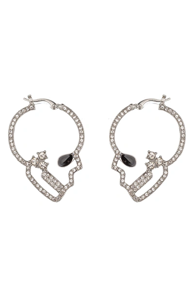Eye Candy Los Angeles Double Skull Crystal Drop Earrings In Silver