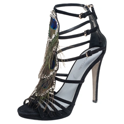 Pre-owned Sergio Rossi Black Suede Crystal And Peacock Embellished Platform Sandals Size 38
