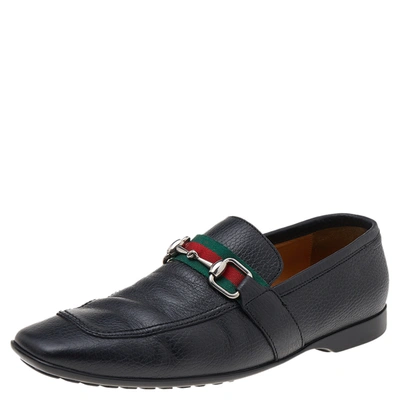 Pre-owned Gucci Black Leather Web Detail Loafers Size 40.5