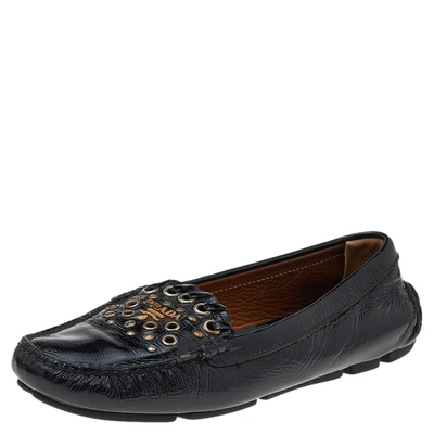 Pre-owned Prada Black Patent Leather Studded Slip On Loafers Size 36