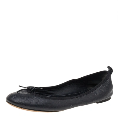 Pre-owned Gucci Ssima Leather Bow Ballet Flats Size 36 In Black