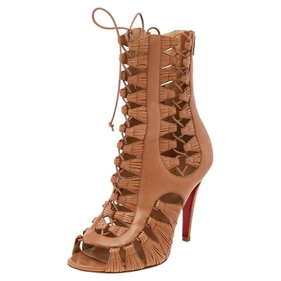 Pre-owned Christian Louboutin Brown Leather Cage Ankle Boots Size 37.5