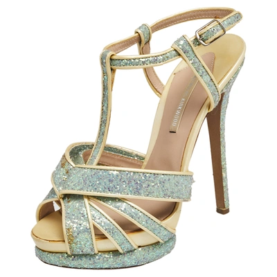Pre-owned Nicholas Kirkwood Blue/cream Patent Leather And Glitter T Strap Platform Sandals Size 37.5