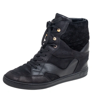 Pre-owned Louis Vuitton Black Leather And Embossed Monogram Suede Millenium Wedge Sneakers Size 39.5