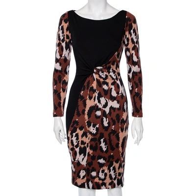 Pre-owned Diane Von Furstenberg Black & Brown Leopard Printed Wool Masankay Dress S