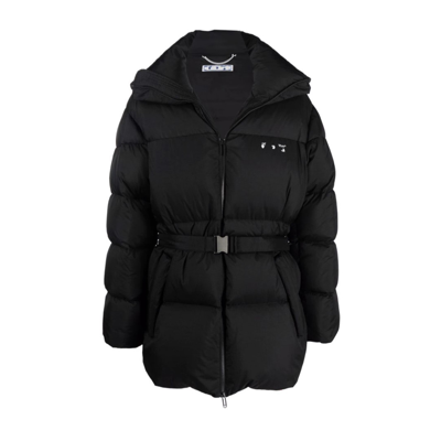 Off-white Black Quilted Down Jacket With Belt And Logo