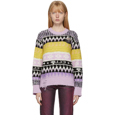 Msgm Multicolor Ikat Sweater With Ripped Inserts In Purple,yellow,black