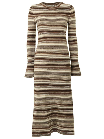 Chloé Irregular Stripe Long Sleeve Recycled Cashmere Blend Jumper Dress In Brown