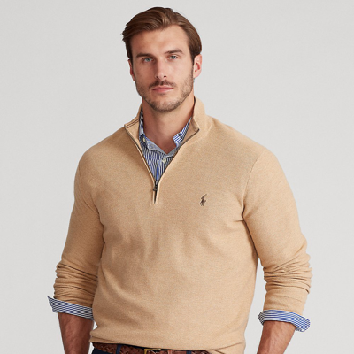 Polo Ralph Lauren Mesh-knit Cotton Quarter-zip Sweater In Camel Melange
