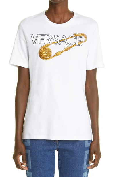 Versace Safety Pin Logo Embroidered Cotton T-shirt In White