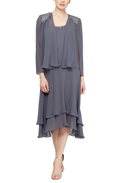 Sl Fashions Slny Beaded Detail Chiffon Dress With Jacket In Steel