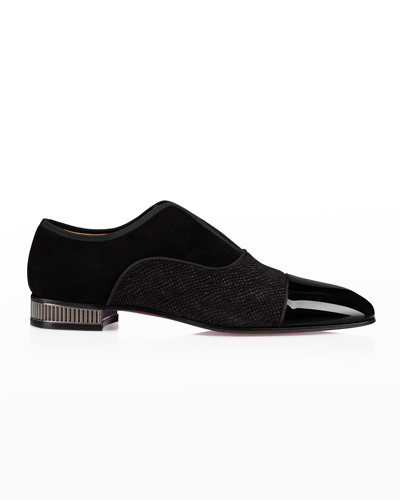 Christian Louboutin Men's Alpha Greek Red Sole Crystal Patent Laceless Oxfords In Black